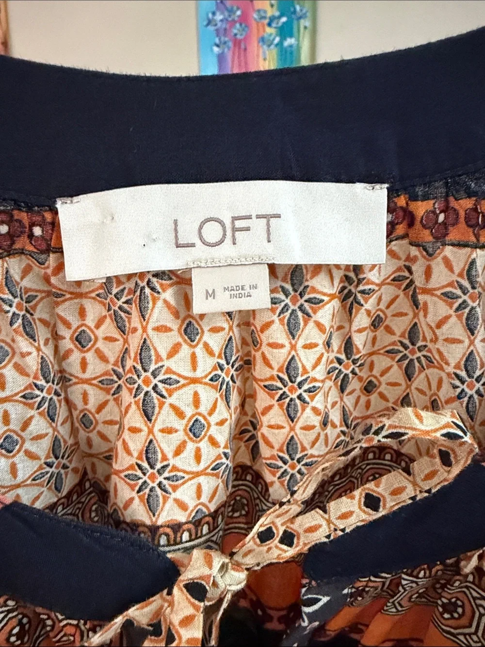 LOFT Navy and Rust Striped Printed Peasant Blouse